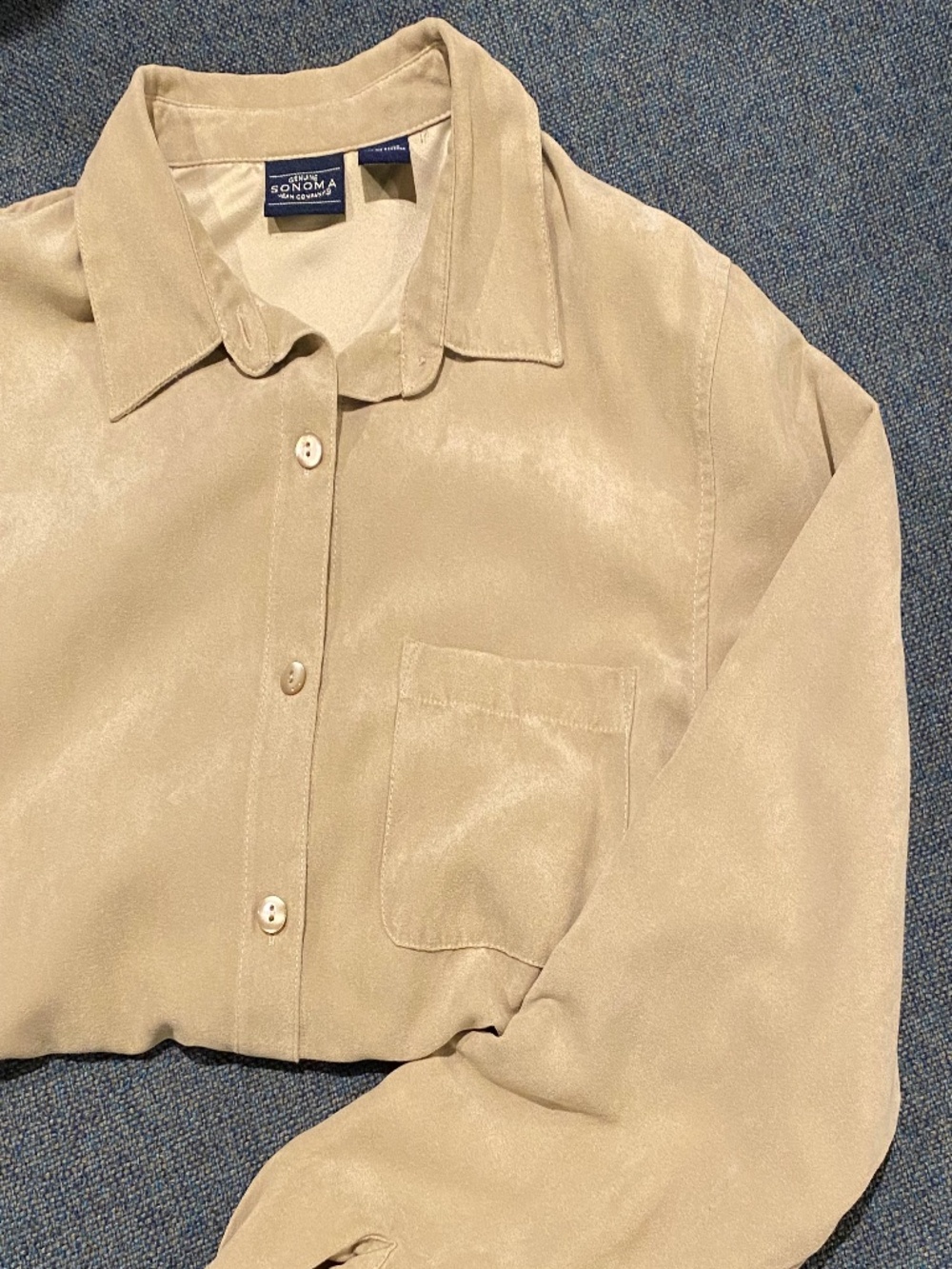 🌟 Sonoma Med. Suede Look Long Sleeve Shirt, Pretty Buttons, Neutral Tan Beige